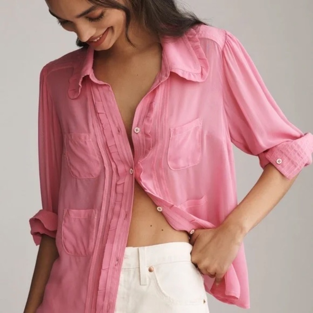 Anthropologie Danielle Kroll x Maeve Sheer Chiffon Buttondown Shirt in Pink